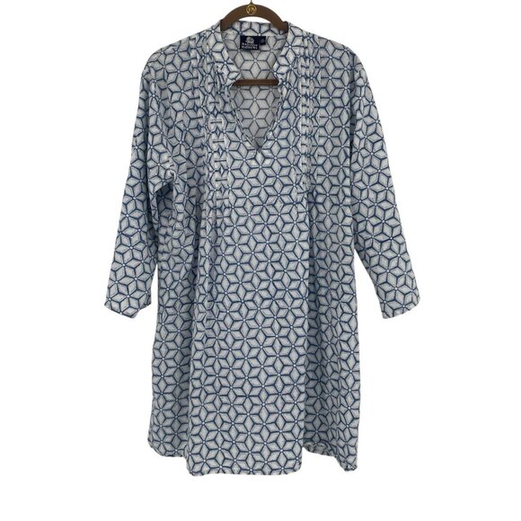 Madison Mathews Size XL Tunic Dress in Holland Blue Roll Tab Sleeves Geometric - Picture 1 of 14